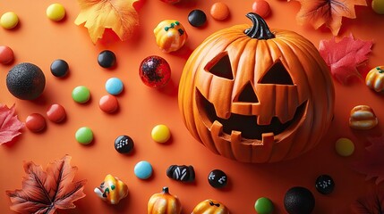 Festive trick-or-treat tradition for kids An overhead shot displaying a pumpkin basket with candies and Halloween decorations on an orange isolated background, suitable for text or ad placement