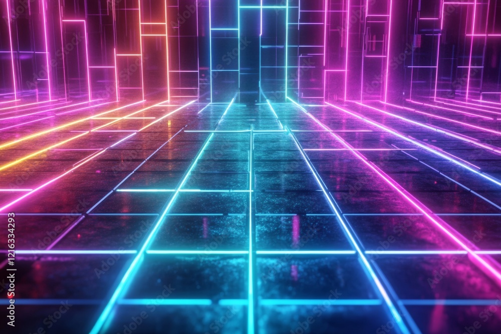 Fototapete a holographic grid pattern glows in neon colors, creating a surreal atmosphere. the grid appears exp