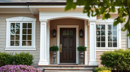 Fototapeta premium Elegant Home Exterior: Classic Design and Landscaping. A stunning view of a beautiful house with a welcoming porch and meticulously designed landscaping.