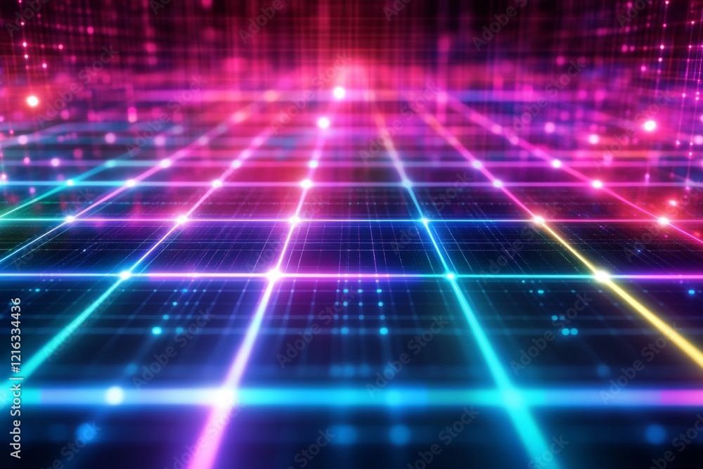 Poster captivating neon colors create a mesmerizing holographic grid pattern that seems to stretch endlessl