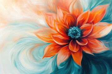 Obraz premium A vibrant orange flower blossoms against a teal and beige swirl background, a beautiful painting of nature's artistry.