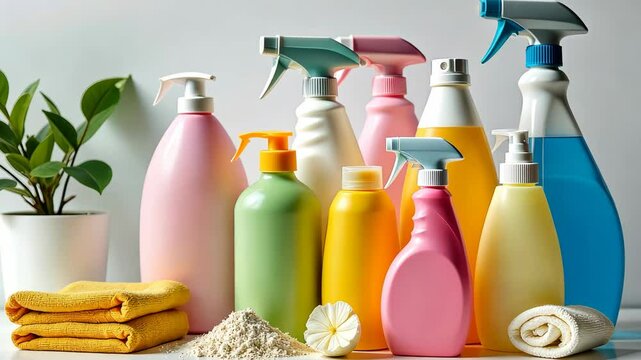 A row of cleaning supplies including a yellow bottle of Windex. There are also a few other bottles of Windex and a bottle of Windex spray