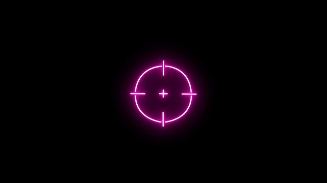 Glowing neon aim cross, target search and aiming animation icon. Glowing neon 3D target icon. Crosshair, gun aim, sniper target, precise shoot, hunting, target audience on black background.	