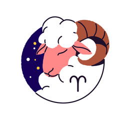 Aries zodiac sign. Symbol of horoscope in round shape. Astrology, stars calendar, constellation of sheep. Circle form of avatar for month emblem. Flat isolated vector illustration on white background
