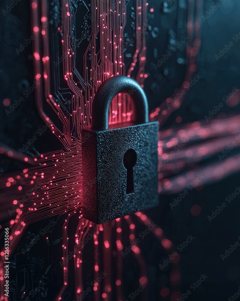 Poster a digital padlock is prominently featured against a backdrop of glowing circuitry, symbolizing cyber