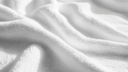 Fototapeta premium Premium bath towel detail shot, pure white terry texture, minimal care label design, woven border accent, crisp fabric detail, soft diffused lighting, high-end product photography