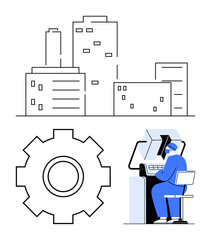 Urban skyline with tall buildings, gear symbol, and professional working on a computer. Ideal for business, teamwork, workflow, innovation, professionalism, efficiency urban technology concept