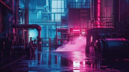 Fototapeta premium Neon Dreamscape: A Cyberpunk Industrial Scene