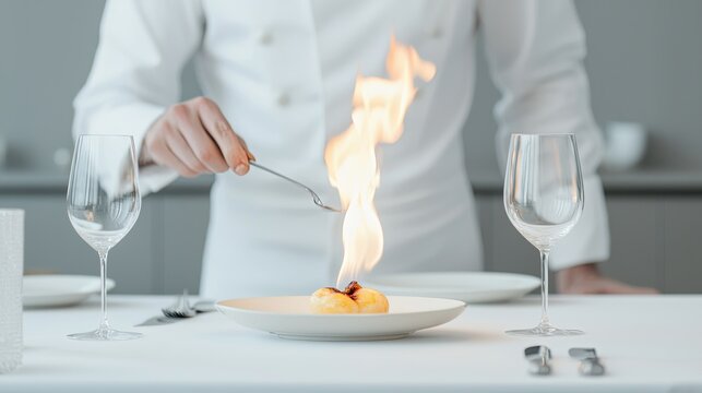 Chef flambeing dessert for intrigued guests at fine dining restaurant captured in modern culinary environment