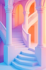 Isometric, colorful 3D render of stairs and arches in pastel colors of pink, blue, purple, and orange