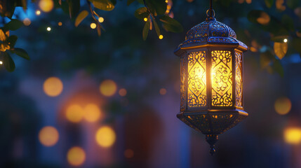 beautifully crafted metal lantern glowing softly in night, surrounded by twinkling lights and lush greenery, creating warm and inviting atmosphere