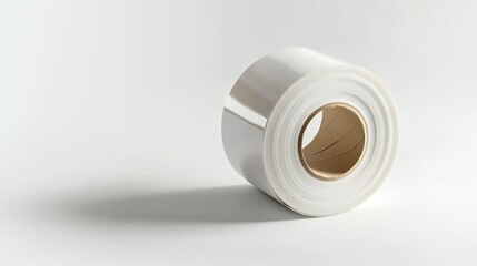 blank label roll macro shot, continuous paper strip, semi-gloss surface, white sticker material, coiled paper roll, detailed product showcase, neutral background, high-key lighting, commercial