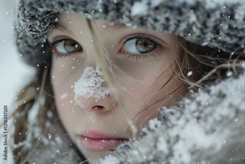 Poster close up portrait of a child with a snowy nose enjoying a winter snowfall