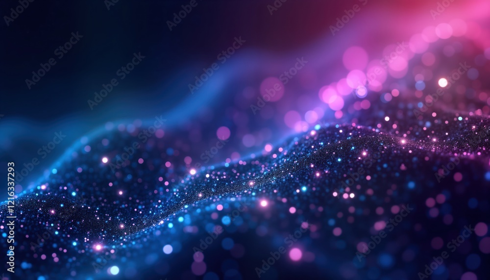 Poster Abstract tech background with glowing blue, purple dots creates futuristic network pattern. Glowing dots form wavy lines, shapes. Dark background enhances vibrant colors. Design suggests innovative