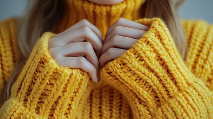 First-person photo of a womans hands pulling on the sleeve of a yellow sweater on an isolated white background