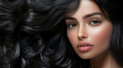 Obraz premium Beautifully dark, hydrated hair frames flawless face with glowing skin. captivating features and rich texture create alluring and elegant appearance