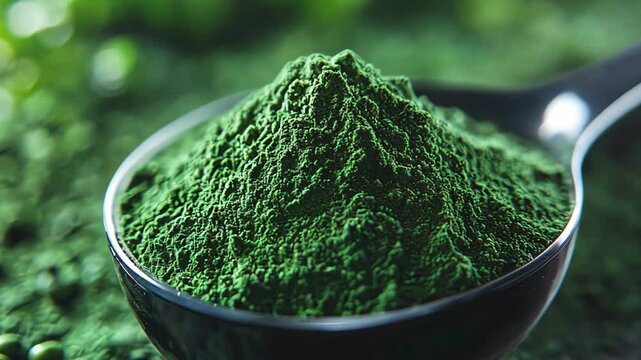 Green powder in a spoon, rich in nutrients and popular for health benefits.
