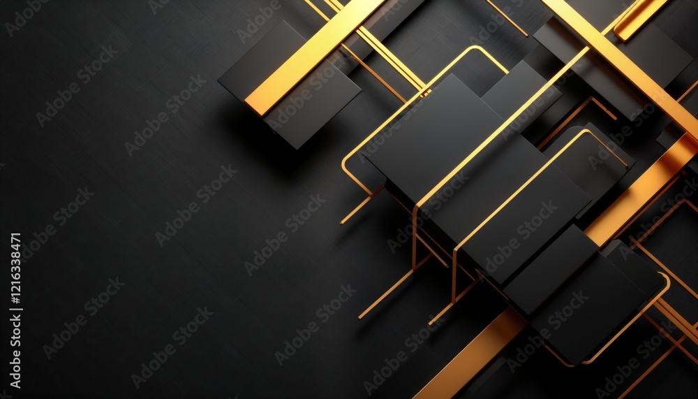 Poster Abstract geometric shapes in black, gold create stylish background. Interlocking squares, lines arranged dynamically against dark backdrop. Modern design ideal for presentation templates web layouts.