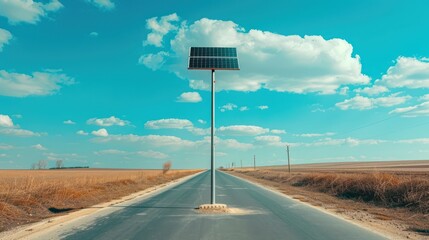 A solar-powered streetlight stands on a rural road, with a simple design and a solar panel above the lamp, set against a blue sky and countryside.

