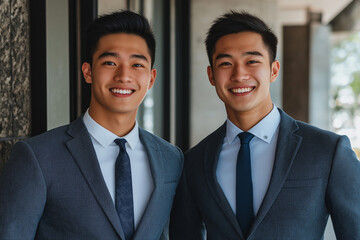 photo of two young business men in suits smiling into the camera at work in the office in finance.