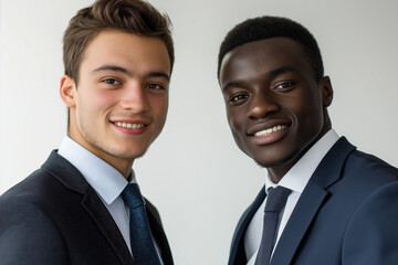 photo of two young business men in suits smiling into the camera at work in the office in finance.