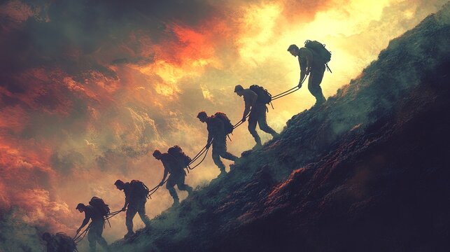 Illustration of a leader pulling team members up a hill, cooperation and support, teamwork in progress 