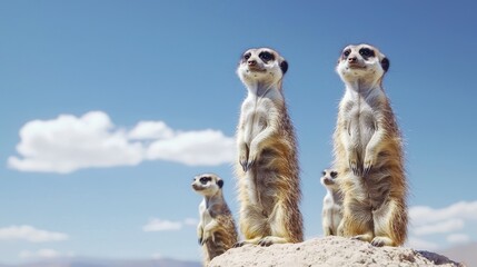 Fototapeta premium Meerkats standing guard on rocky outcrop desert landscape wildlife photography outdoor adventure alertness