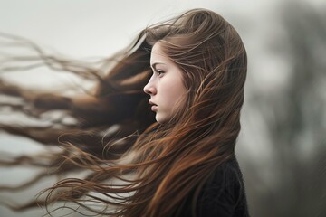 Fototapeta premium Portrait of a young woman enjoying the wind blowing through her long hair in nature