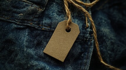 suspended kraft tag, faded blue workwear fabric, rough twine attachment, industrial fashion detail, dark atmospheric lighting, authentic denim texture, artisan product styling