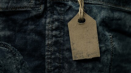suspended kraft tag, faded blue workwear fabric, rough twine attachment, industrial fashion detail, dark atmospheric lighting, authentic denim texture, artisan product styling