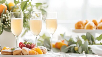 Luxurious brunch experience with mimosas and pastries at a stylish venue elegant atmosphere inviting setting