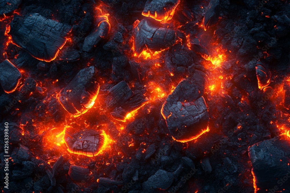 Poster glowing embers and ashes fill the space, radiating warm orange and red tones, creating an intricate 