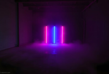dark empty room, neon lighting, pink and blue glow, atmospheric, mysterious, cyberpunk aesthetic, high contrast, symmetrical composition, futuristic, moody, cinematic, abstract, minimalist, digital ar