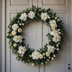 A wreath of white azaleas and roses hung on a door.