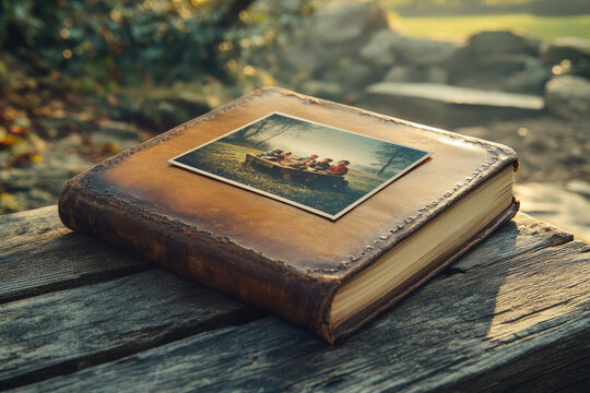 A vintage leather-bound photo album rests outdoors, showcasing a cherished childhood memory of children gathered together.