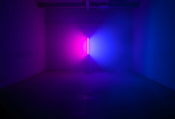 dark empty room, neon lighting, pink and blue glow, atmospheric, mysterious, cyberpunk aesthetic, high contrast, symmetrical composition, futuristic, moody, cinematic, abstract, minimalist, digital ar