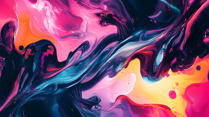 Fototapeta premium Abstract fluid art background with vibrant colors and swirling shapes, creating an otherworldly atmosphere. The composition is a dynamic mix of pink, orange, blue, purple, black, white, yellow hues