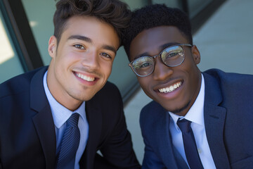 photo of two young business men in suits smiling into the camera at work in the office in finance.
