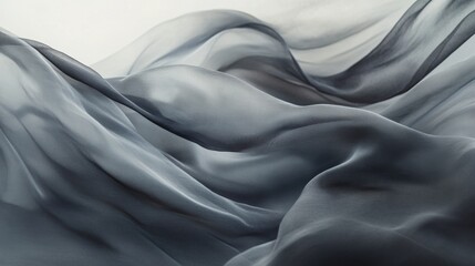 suspended blank label, undulating fabric landscape, silver-gray textile waves, organic string attachment, ethereal mood lighting, elegant commercial photography, sophisticated styling