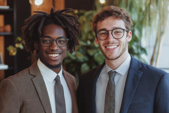 photo of two young business men in suits smiling into the camera at work in the office in finance.