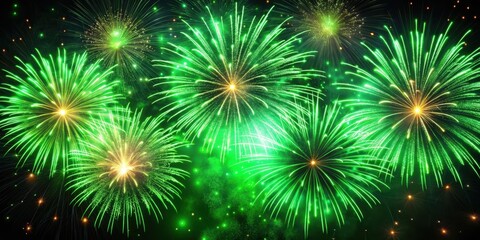 Explosion of green fireworks against a dark background, vibrant colors and dynamic motion , pyrotechnics