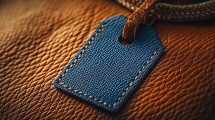 designer label presentation, cobalt blue leather tag, cognac leather background, pristine product showcase, luxury accessories styling, high-end retail photography, material texture focus, commercial