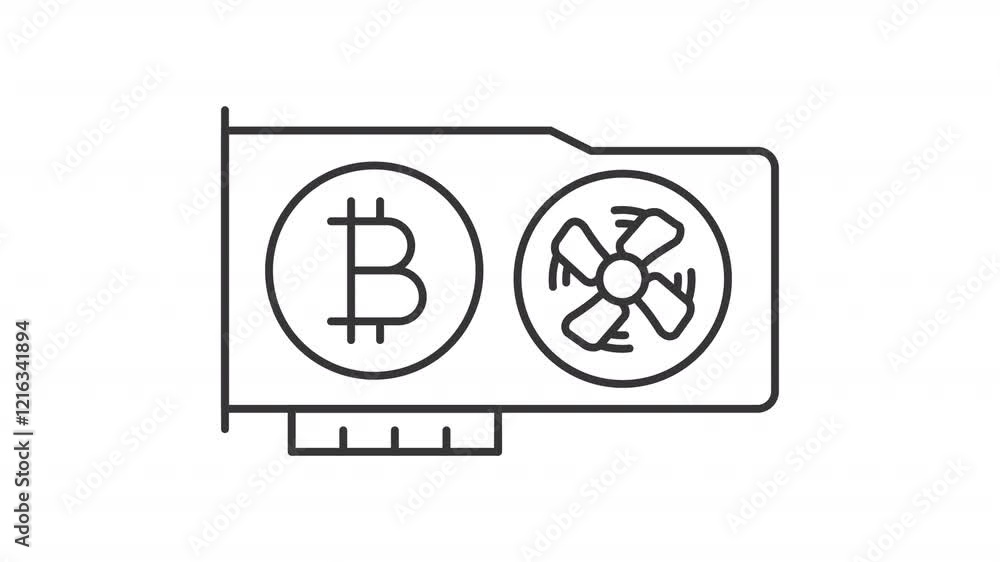 Poster animated graphic card for bitcoin mining icon. computer hardware line animation. professional equipm