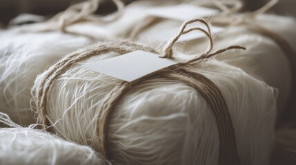 eco friendly parcel, rustic jute string, pristine white tag, cardboard box texture, commercial product shot, gentle lighting, sustainable packaging design, neutral palette, detailed macro