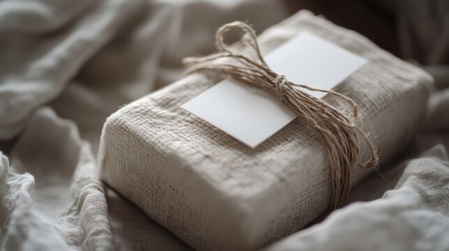 eco friendly parcel, rustic jute string, pristine white tag, cardboard box texture, commercial product shot, gentle lighting, sustainable packaging design, neutral palette, detailed macro