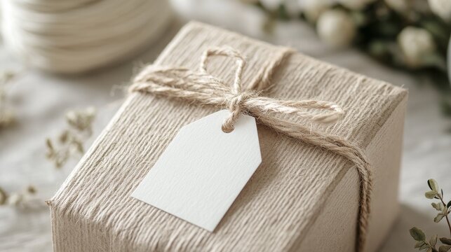 eco friendly parcel, rustic jute string, pristine white tag, cardboard box texture, commercial product shot, gentle lighting, sustainable packaging design, neutral palette, detailed macro
