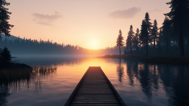 A wooden bridge spans a body of water with a sunset in the background