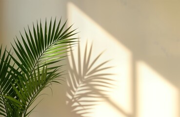 Palm leaf casts soft shadow on light cream wall. Indoor scene. Minimalist style. Natural light creates beautiful backdrop for product presentation. Suitable for cosmetic home decor showcase. Bright,