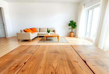 Minimalist living room, wooden floor with natural grain, white brick wall, corner sofa with orange and green cushions, potted plant, large windows, bright sunlight, clean lines, modern coffee table, s