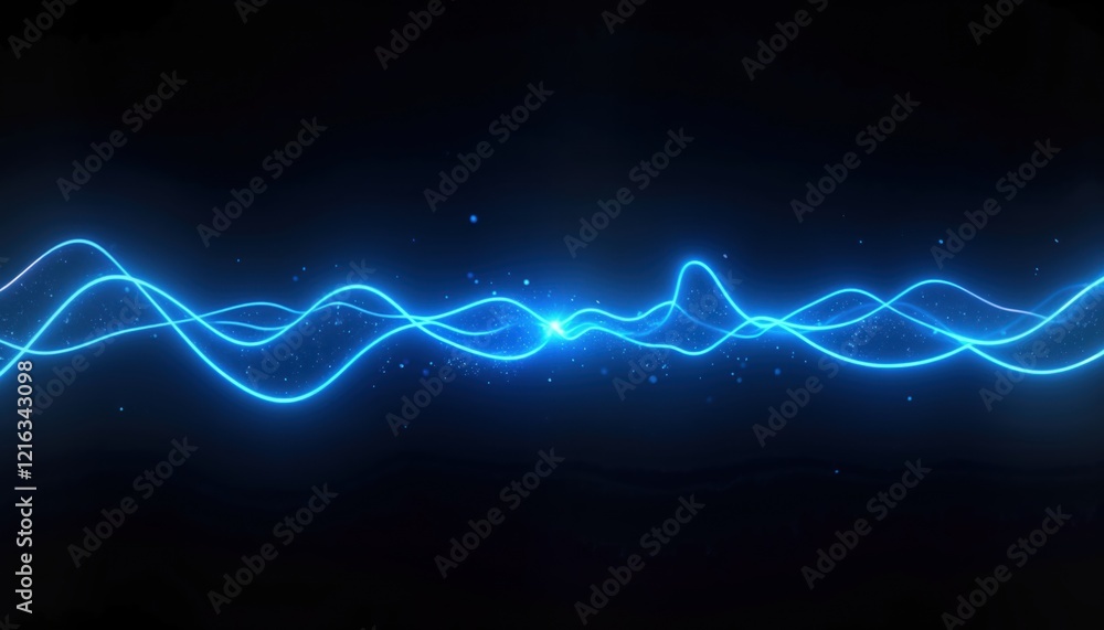 Poster Abstract graphic design features vibrant blue neon light waves against dark background. Dynamic glowing lines create futuristic effect. Suitable for tech events digital media projects. Modern style